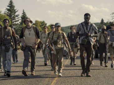 David Jonsson, Cooper Hoffman, Jordan Gonzalez, Ben Wang, and Tut Nyuot in The Long Walk.