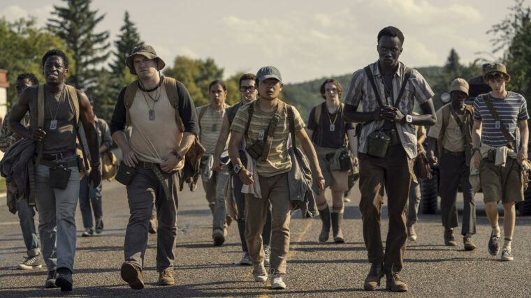 David Jonsson, Cooper Hoffman, Jordan Gonzalez, Ben Wang, and Tut Nyuot in The Long Walk.