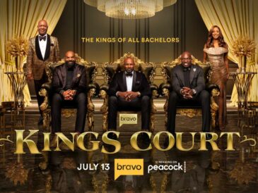 Tyson Beckford, Carlos Boozer, and Titus O’Neil stand together in the official key art for Bravo’s Kings Court.