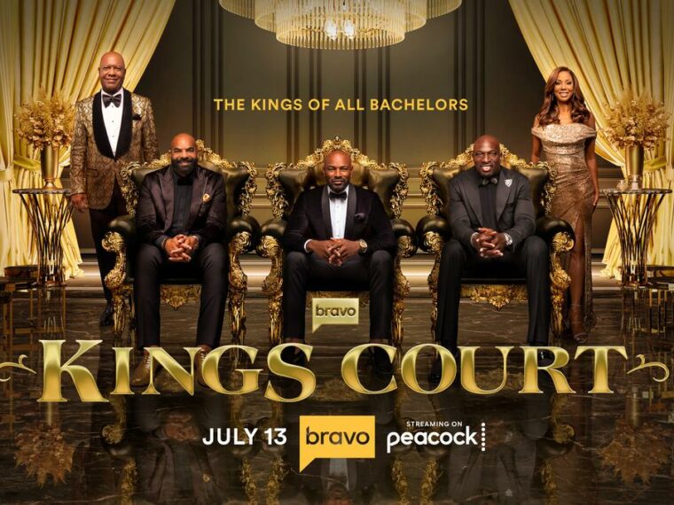 Tyson Beckford, Carlos Boozer, and Titus O’Neil stand together in the official key art for Bravo’s Kings Court.