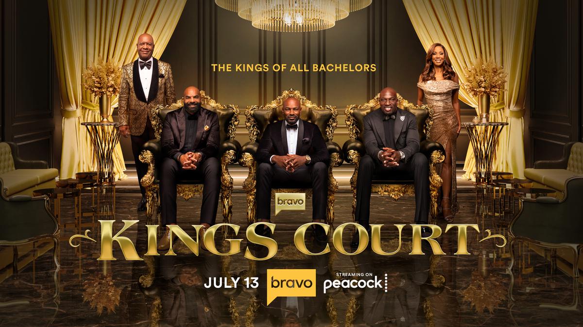Tyson Beckford, Carlos Boozer, and Titus O’Neil stand together in the official key art for Bravo’s Kings Court.