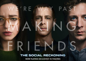 The Social Reckoning movie key art for Aaron Sorkin's 2026 Facebook whistleblower drama starring Mikey Madison and Jeremy Allen White.