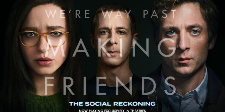 The Social Reckoning movie key art for Aaron Sorkin's 2026 Facebook whistleblower drama starring Mikey Madison and Jeremy Allen White.