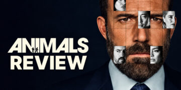 Animals Netflix thriller key art featuring Ben Affleck surrounded by character portraits in a dramatic collage.