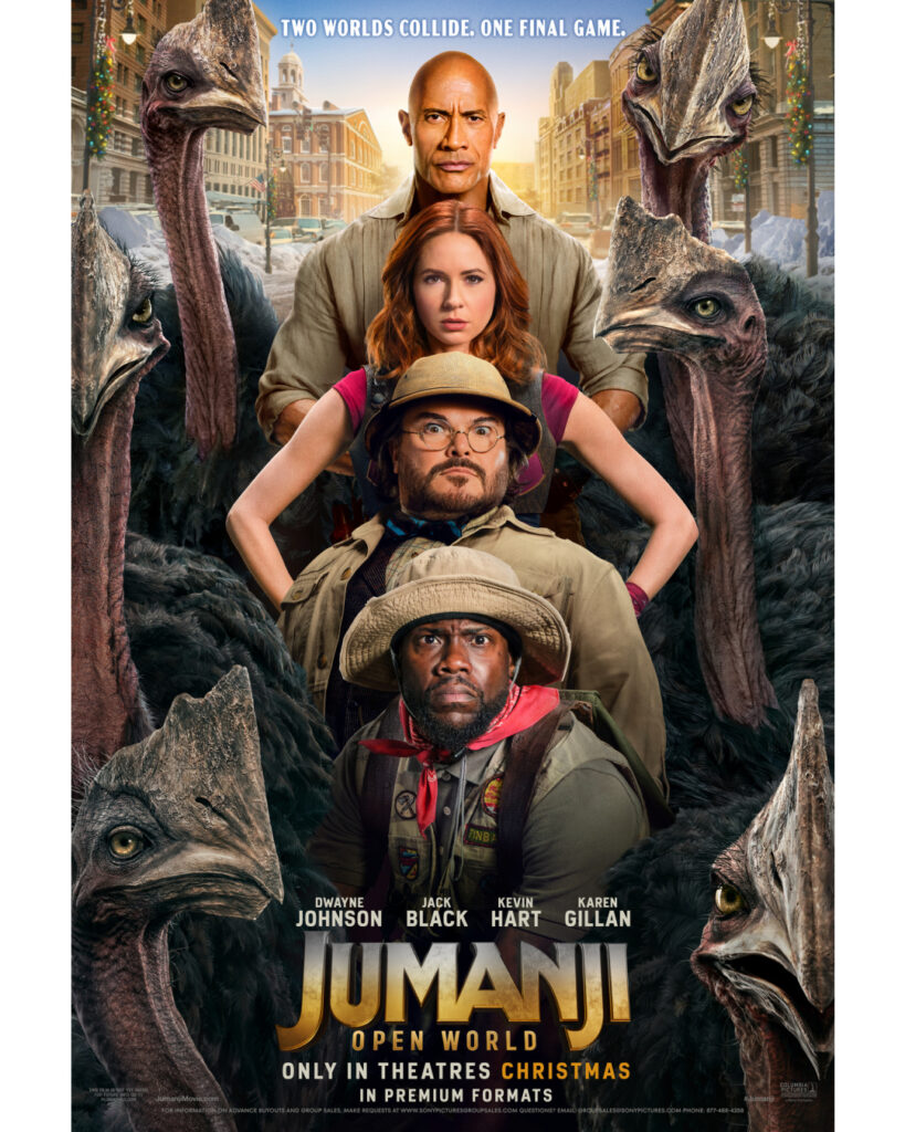 Jumanji: Open World 2026 movie promotional artwork featuring the upcoming action-adventure sequel starring Dwayne Johnson, Kevin Hart, Jack Black, and Karen Gillan.